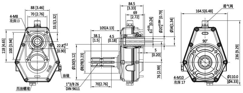 Speed Increaser Pto Gearbox with Output Shaft for Ф 20 Cylinderical Gear Pump