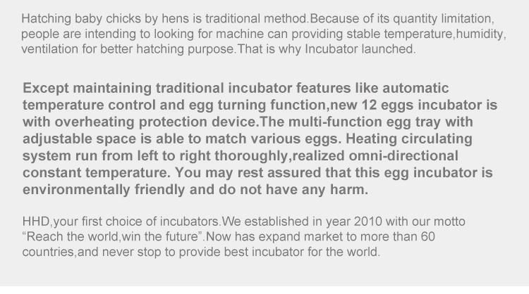 Hhd Full Automatic Mini 12 Egg Incubator with Egg Testing Function