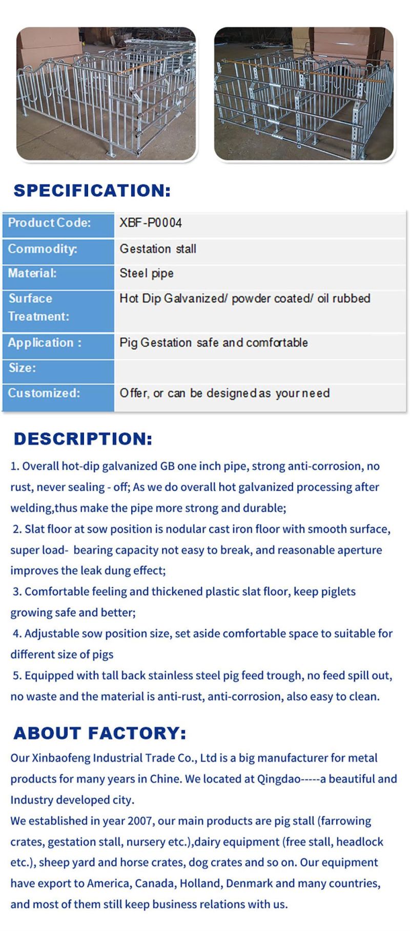 Hot-DIP Zinc Cages for Pig Farms Made in China for Breeding Pregnant Sow Cages