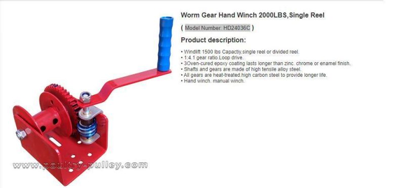 Single Reel Worm Gear Hand Winch 2000lbs
