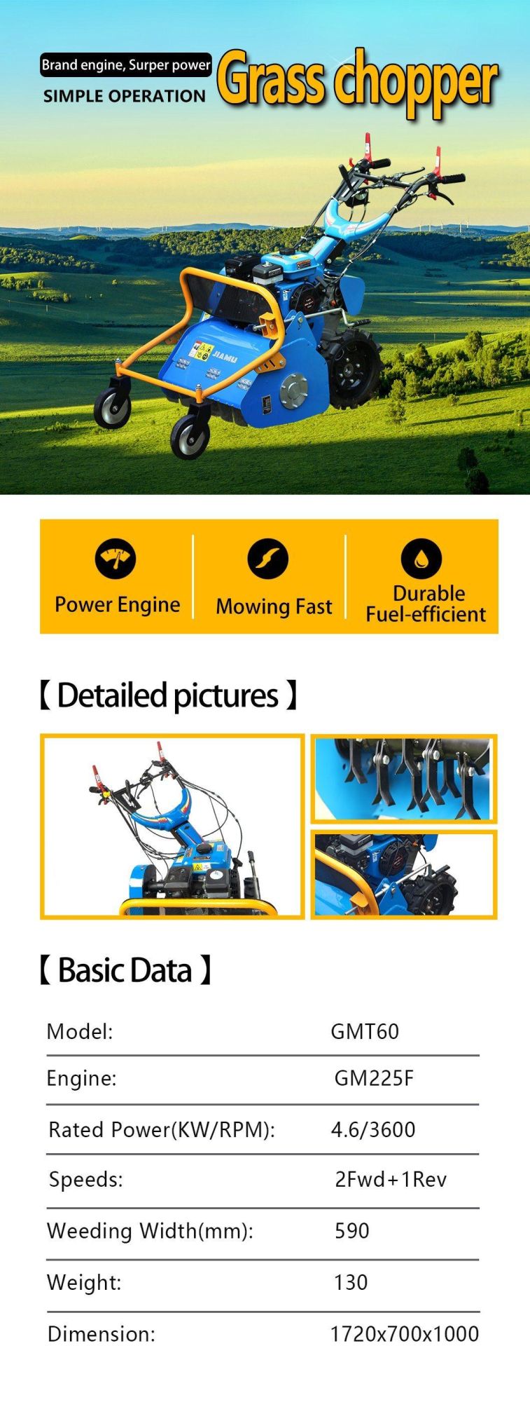 Jiamu Gmt60 225cc Petrol Grass Cutting Lawn Mower Agricultural Machinery with CE Euro V