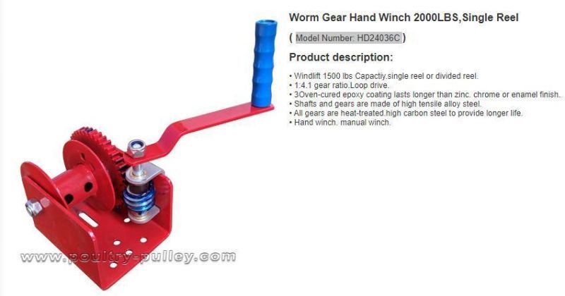 Worm Gear Hand Winch 2000lbs, Single Reel