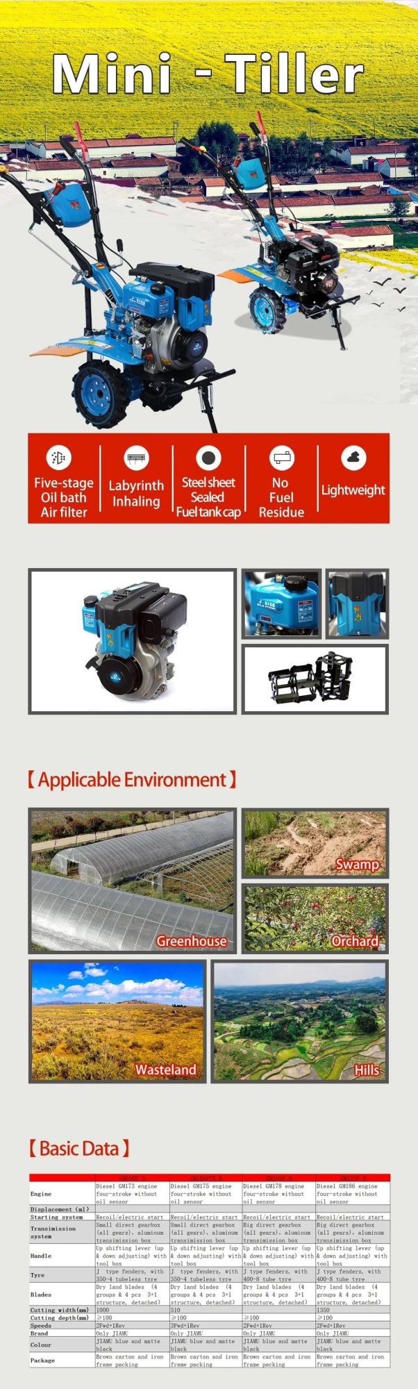 Jiamu GM135f D with GM186 All Gear Aluminum transmission Box Agricultural Machinery Diesel D-Style Mini Power Tiller Hot Sale