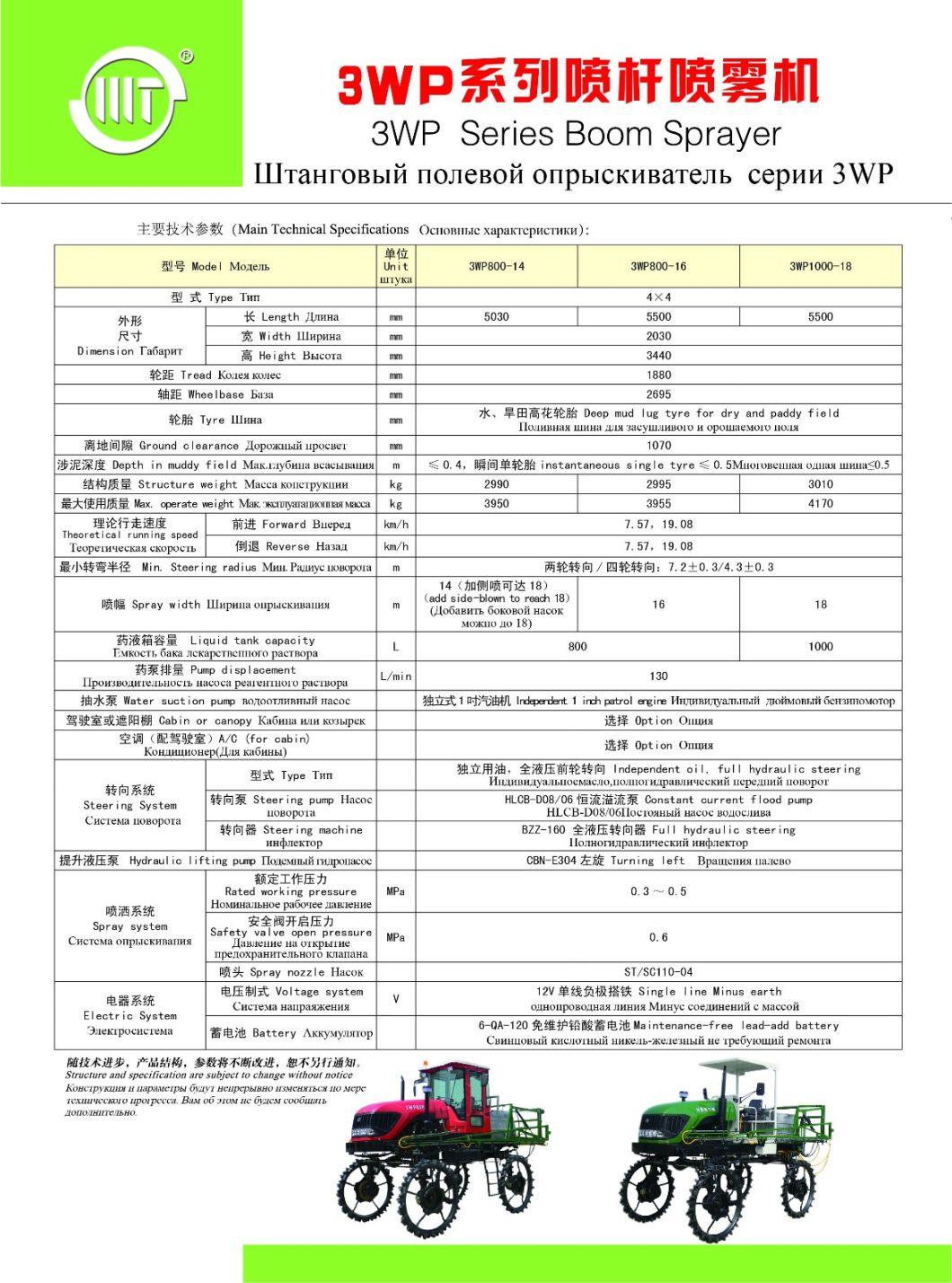 High Clearance Self Propelled Four Wheel Driven 3wp1000-18mboom Sprayer for Farm Using