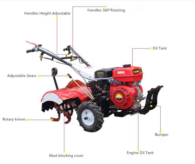 China Factory Farm and Garden Cultivator 6.5HP, 9HP, 15HP Multi-Fuction Gasoline/Diesel Power Tiller with Weeder/Trencher/Ditcher