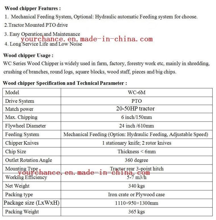 Hot Sale Wc-6m China Cheap 6 Inch Tractor Pto Wood Chipper with Mechanical Feeding System