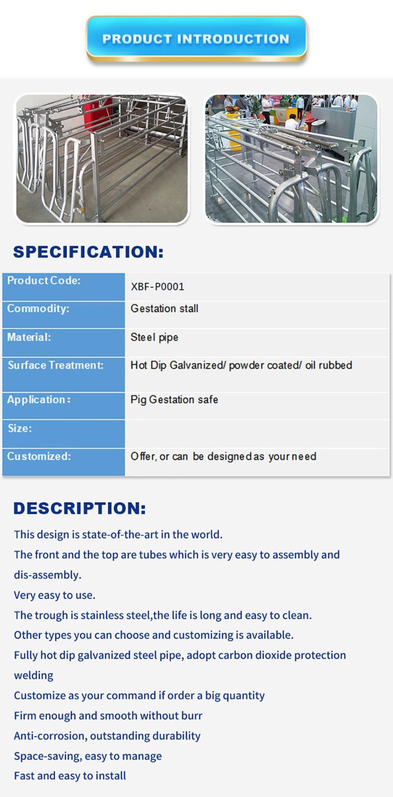 Intelligent Pig Farm Hot DIP Zinc Cage Breeding Sow Gestation Crate Stalls