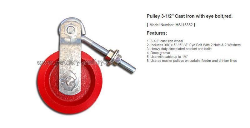 Pulley 3-1/2" Cast Iron with Eye Bolt, Red.