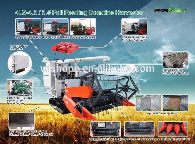 Kubota Similar Full Feeding 4lz-4.5 Rice / Wheat Grain Combine Harvester