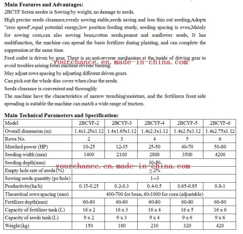 Ecuador Hot Selling Grain Planter 2bcyf Series 3-6 Rows Corn Soybean Seeder with Fertilizer Drill for 10-100HP Tractor