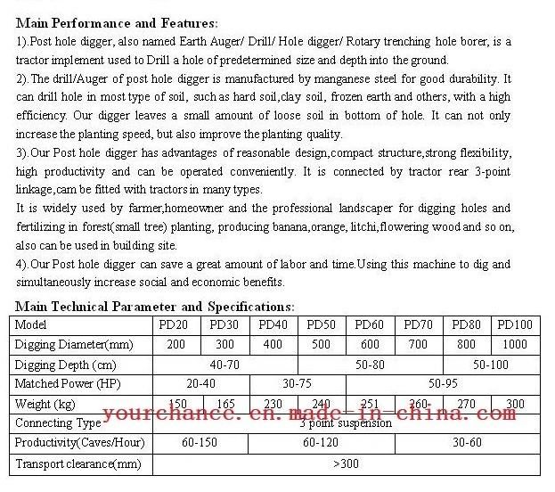 2019 Hot Selling Pd Series Tractor Mounted Earth Auger Ground Hole Drill Post Hole Digger with 200-1000mm Diameter Auger for Planting Tree