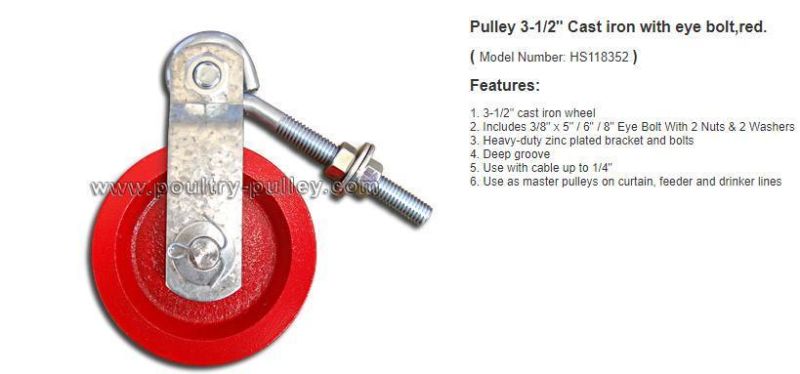Pulley 3-1/2" Cast Iron with Eye Bolt, Red.