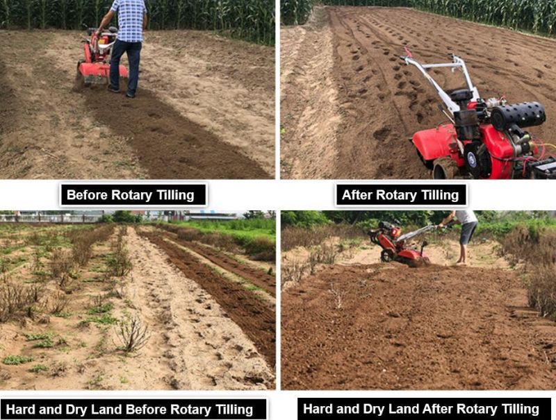 4wheels Drive&4-Stroke (7HP, 9HP, 15HP) Self-Walking Small Agricultural Cultivator Gasoline/Diesel Rear Tine Rotary Farm Power Tiller with Weeder/Trencher