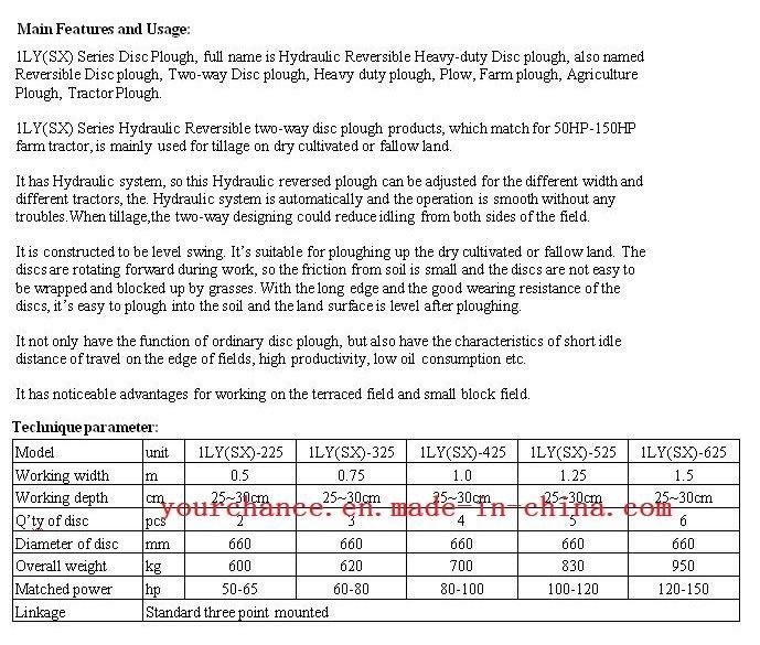 1ly (SX) Series 2-6 Discs Heavy Duty Hydraulic Two Way Reversible Disc Plough 50-150HP Tractor