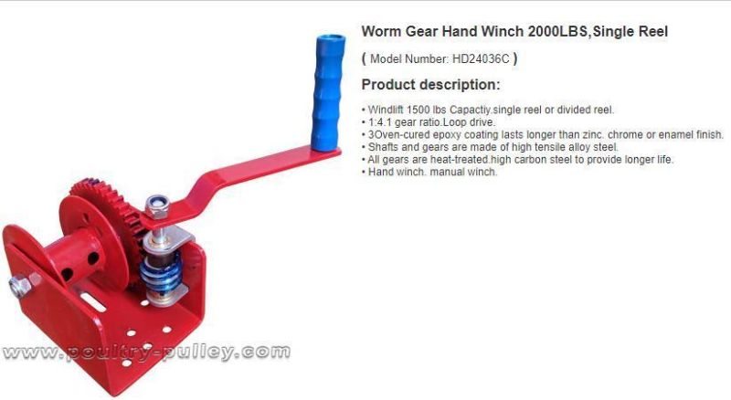 Worm Gear Hand Winch 2000lbs, Single Reel