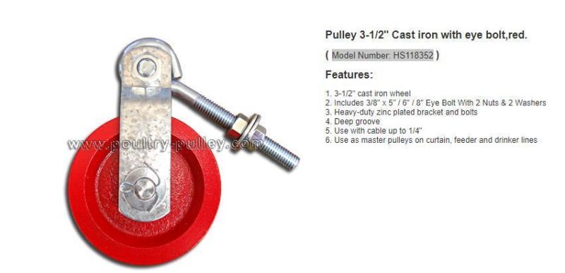 Pulley 3-1/2" Cast Iron with Eye Bolt, Red.