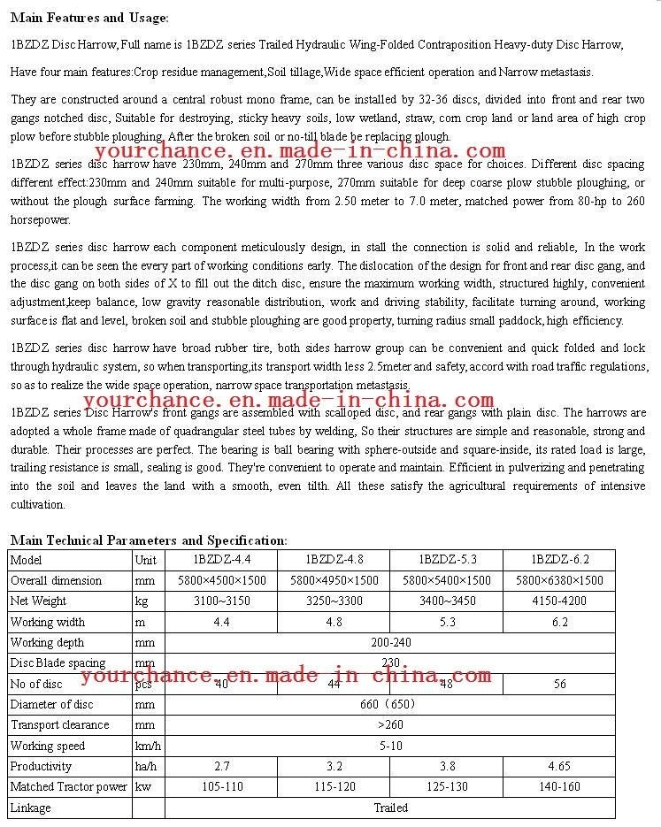 1bzdz Series 4.4-6.2m Width 40-56 Discs Trailed Hydraulic Wing-Folded Opposed Heavy Duty Disc Harrow for 140-280HP Tractor