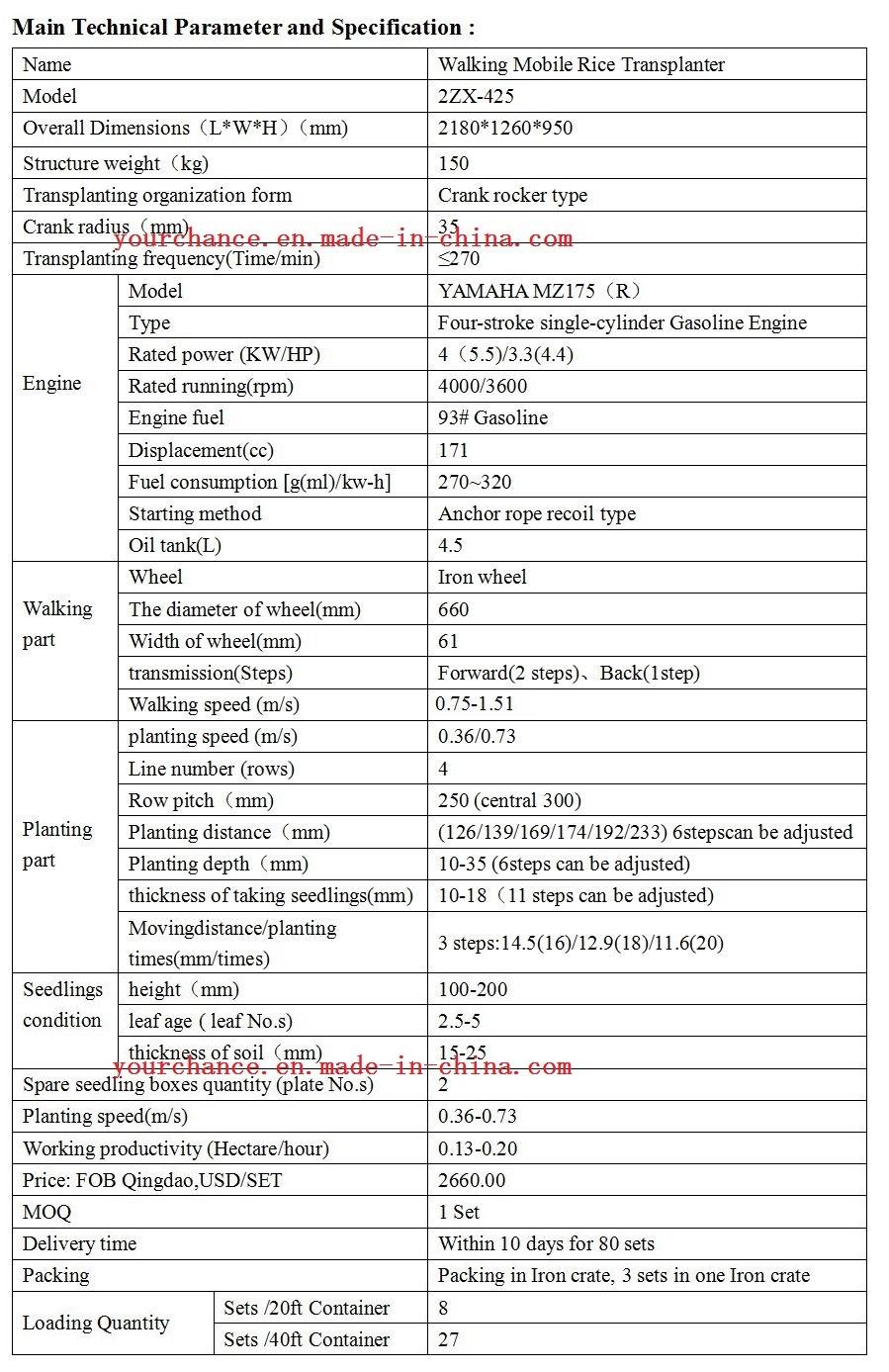 Indonesia Hot Sale 2zx-425 4 Rows 250mm Rows Width Walking Type Rice Transplanter