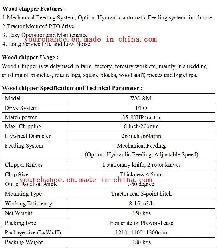 Canada Hot Sale Wc-8m High Quality 35-80HP Tractor Mounted 8 Inch Wood Chipper Shredder Wood Chipping Machine