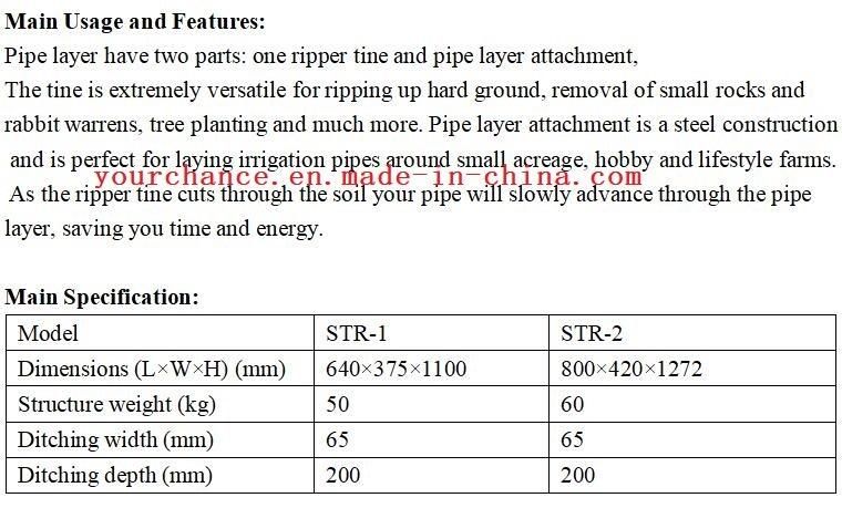 Australia Hot Selling Garden Machine High Quality Poly Pipe Layer Tractor Rear Hitch Singel Tine Ripper with Pipe Layer