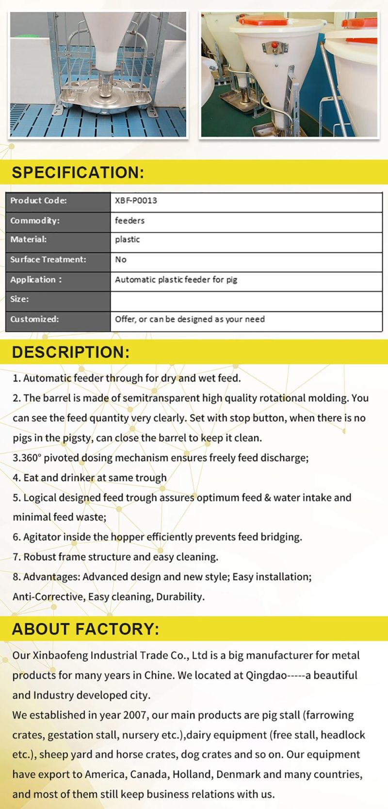 Factory Direct Sales Stainless Steel Double Side Feeder for Pig Crates