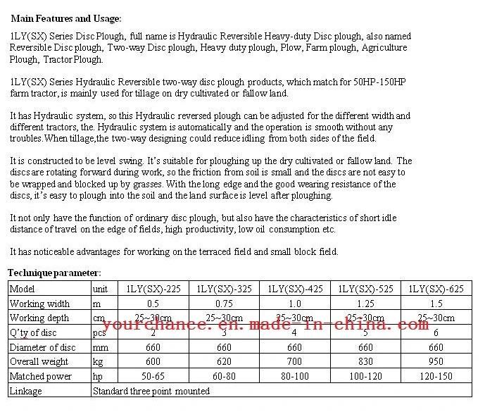 Hot Selling 1ly (SX) -425 1m Working Width 4 Discs Hydraulic Reversible Two Way Disc Plough Made in China
