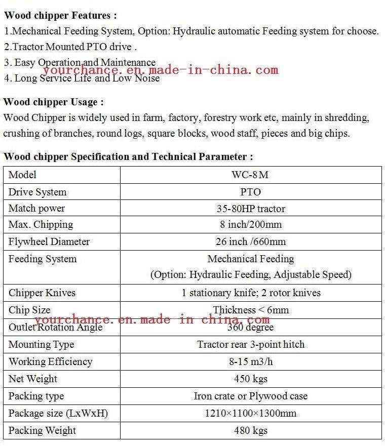 Hot Selling Wc-8h 35-80HP Tractor Pto Drive 8 Inch Wood Chipper with Hydraulic Feeding System