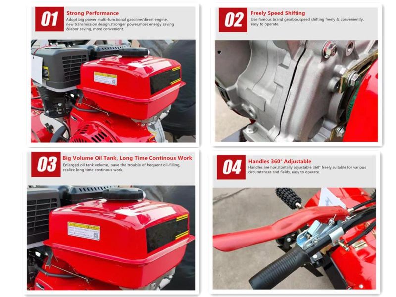 4wheels Drive&4-Stroke (7HP, 9HP, 15HP) Self-Walking Small Agricultural Cultivator Gasoline/Diesel Rear Tine Rotary Farm Power Tiller with Weeder/Trencher