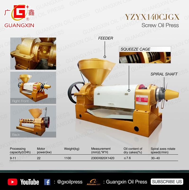 Guangxin 10tpd Bigger Gear Box Oil Press Yzyx140cjgx Longer Squeeze Chamber Oil Expeller