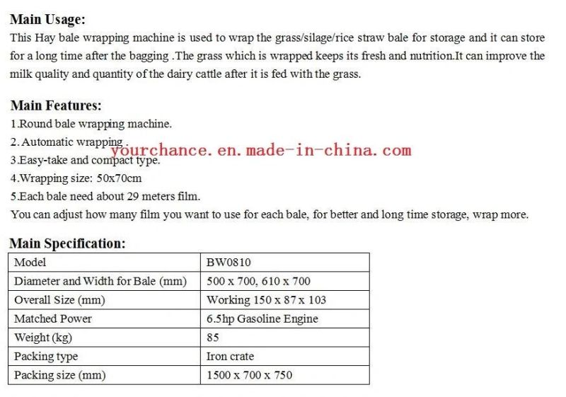 High Quality Bw0810 Round Hay Bale Wrapper with 6HP Gasoline Engine for Sale