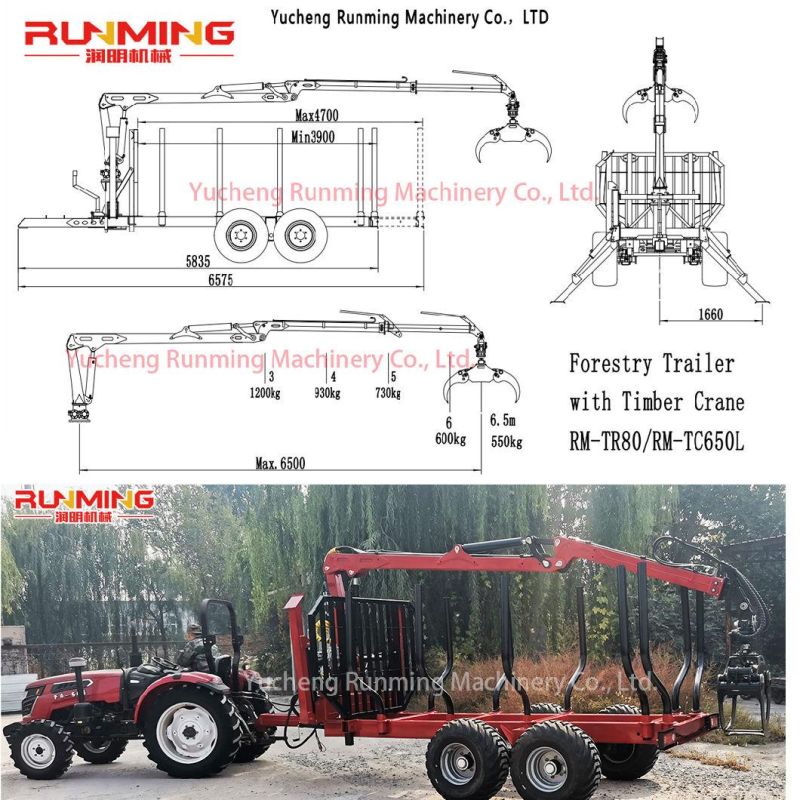 10t Farm Trailer with Timber Crane for Tractor