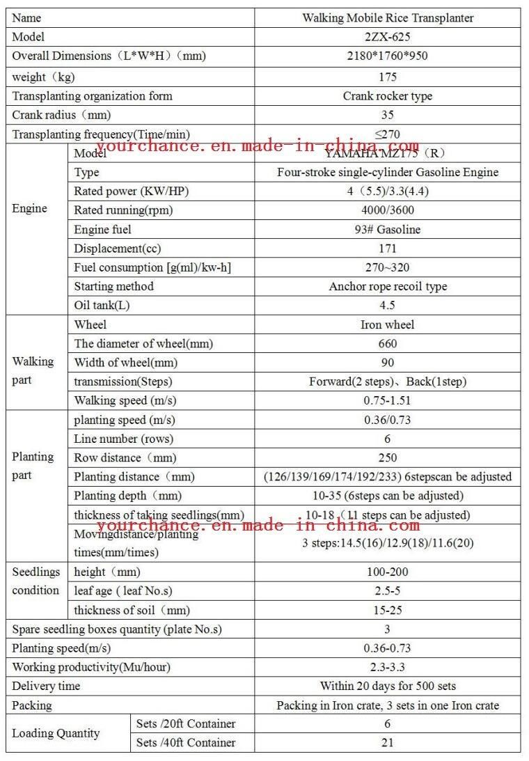 Thailand Hot Sale 2zx-625 6 Rows 250mm Rows Width Walking Type Rice Transplanter Made in China