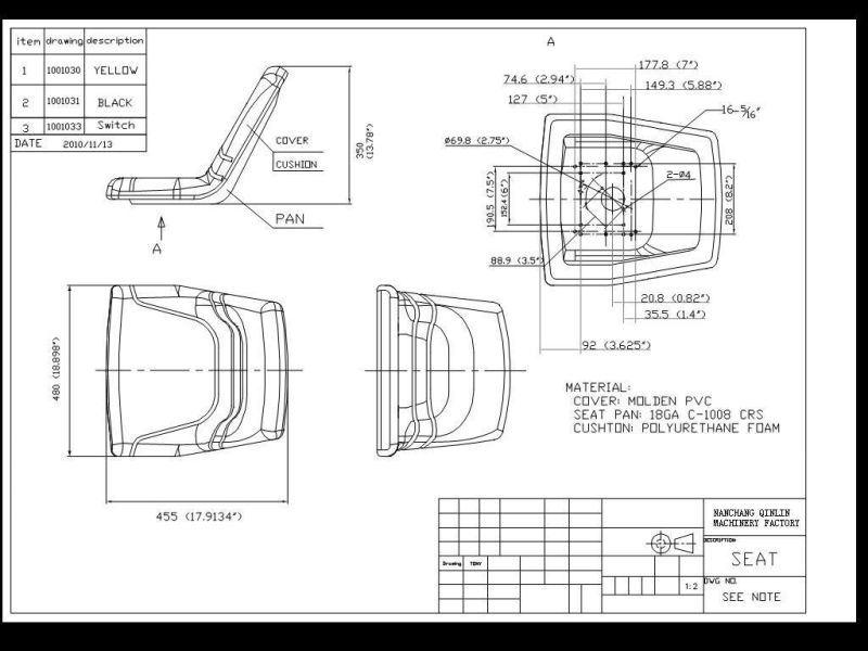 PVC Seat Low Back Tractor Parts for Mini Garden Tractor