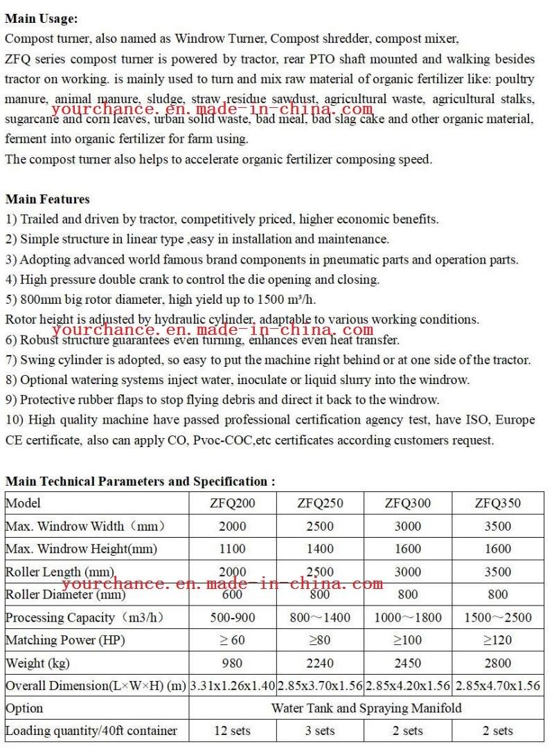 High Quality Farm Machinery Zfq200 2m Width Small Tractor Towable Pto Drive Manure Compot Windrow Turner for Sale