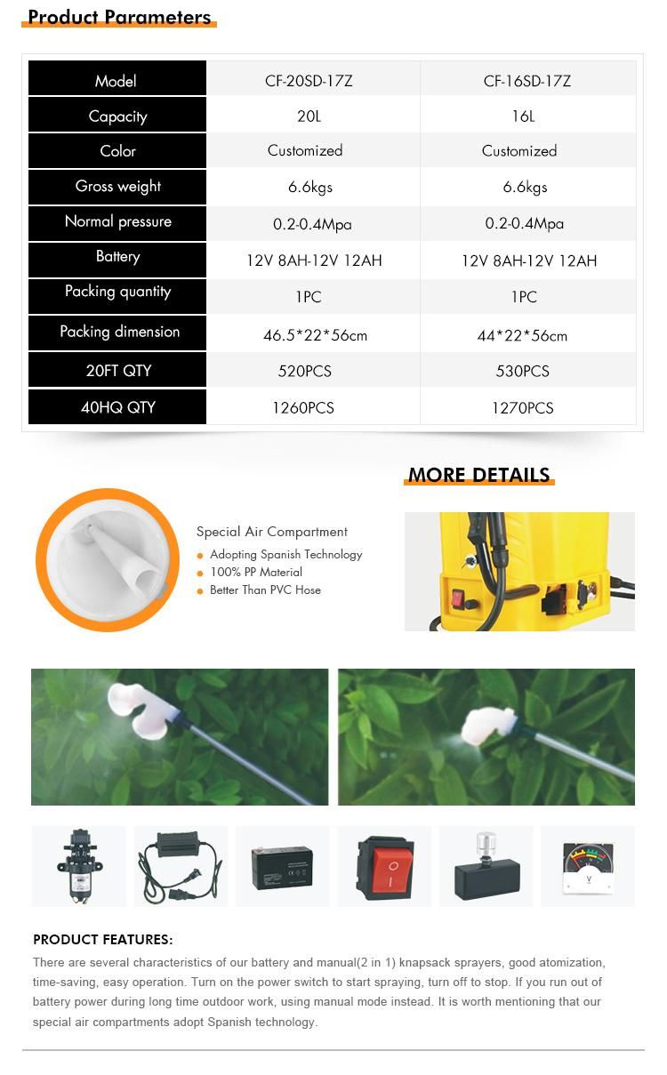 Knapsack Hand Powered Garden Manual 20L 2 in 1 Solar Agriculture Electric Battery Sprayer for Garden