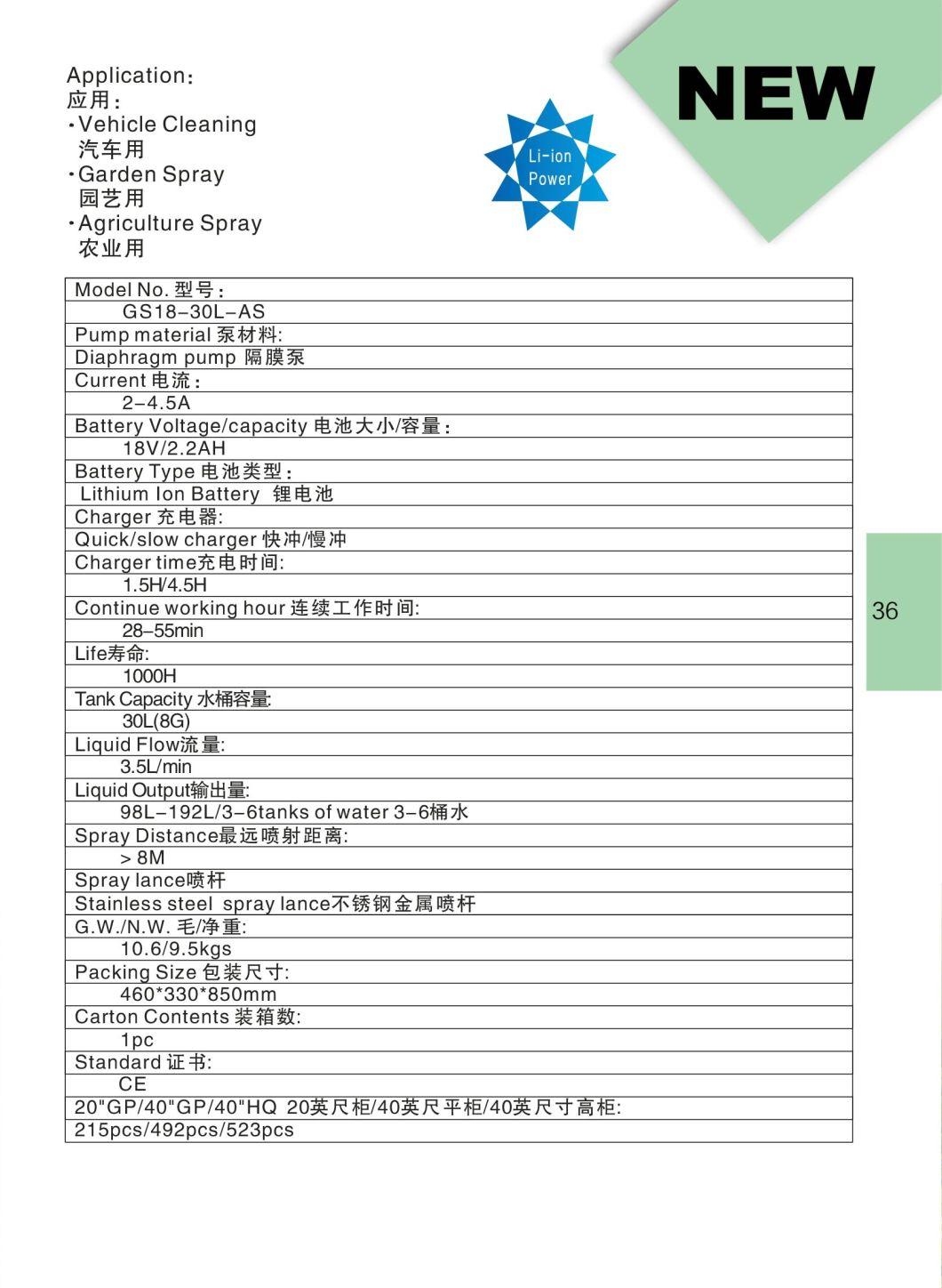 30L Car Wash Electric Battery Agriculture Sprayer