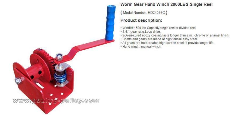 Worm Gear Hand Winch 2000lbs, Single Reel