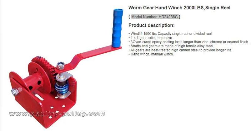 Worm Gear Hand Winch 2000lbs, Single Reel