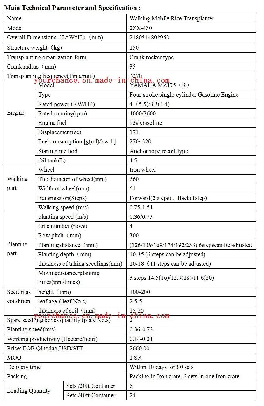 High Quality 2zx-430 4 Rows 300mm Rows Width Walking Type Rice Transplanter for Sale